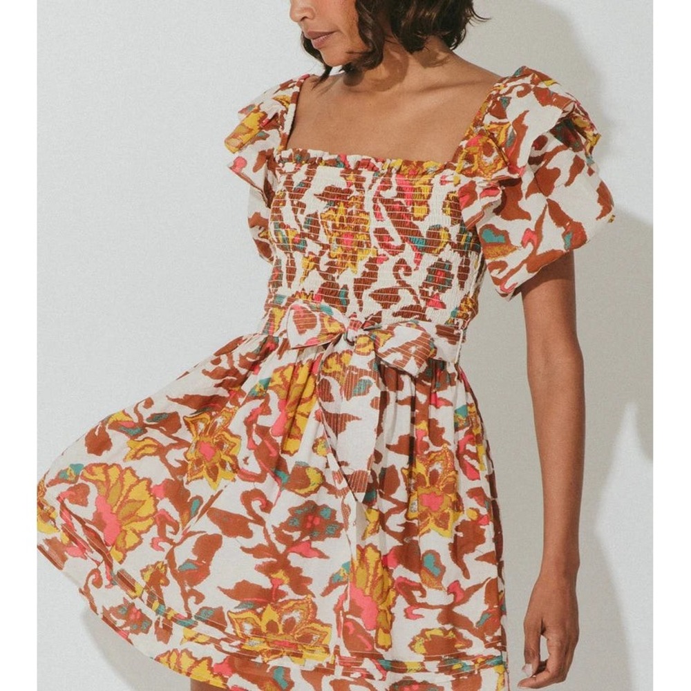 Cleobella Delfina Belted Smocked Floral Mini Dress - Shae (MSRP: $228) Medium